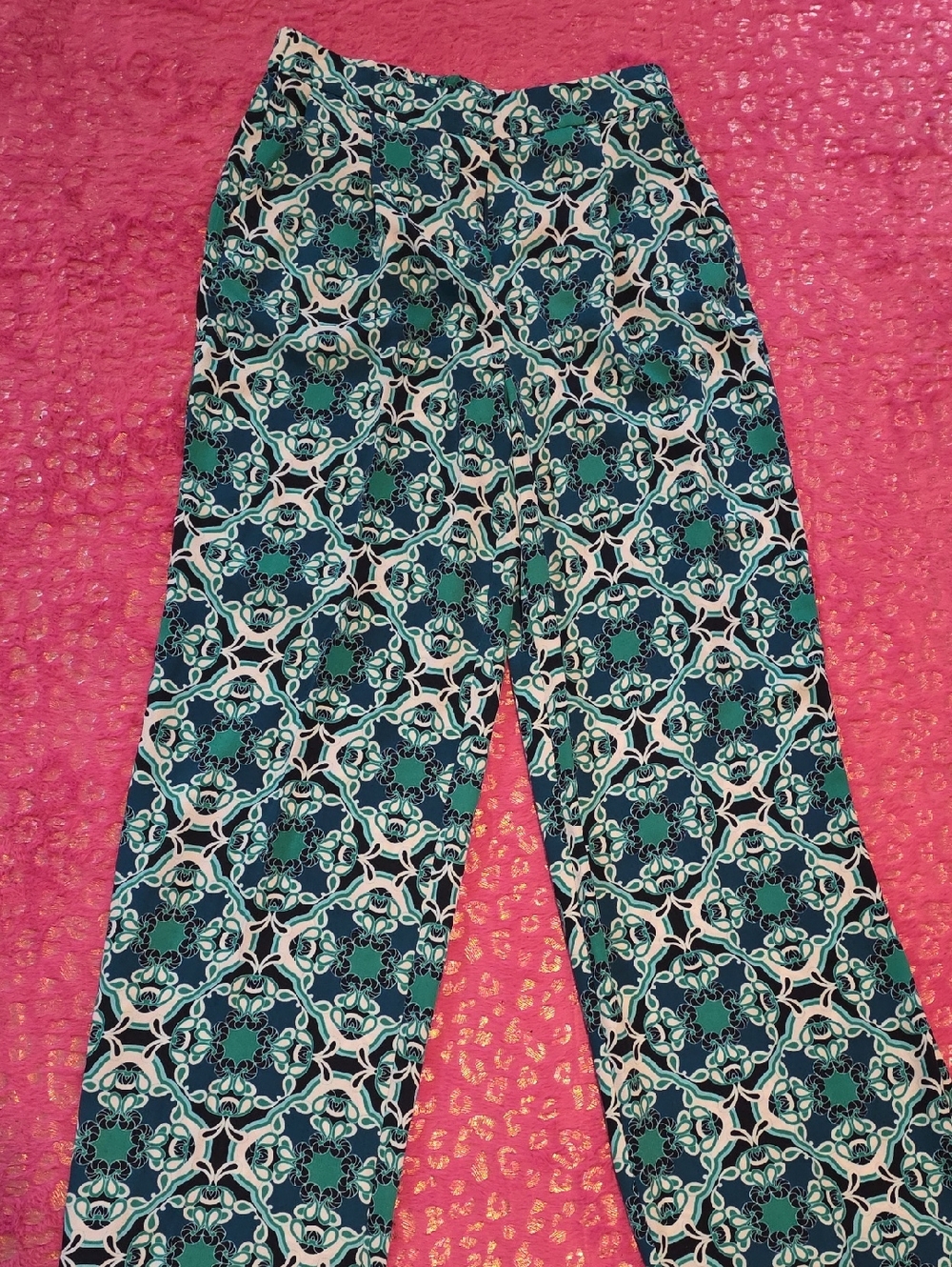 Teal and Navy Printed Wide-Leg Pants